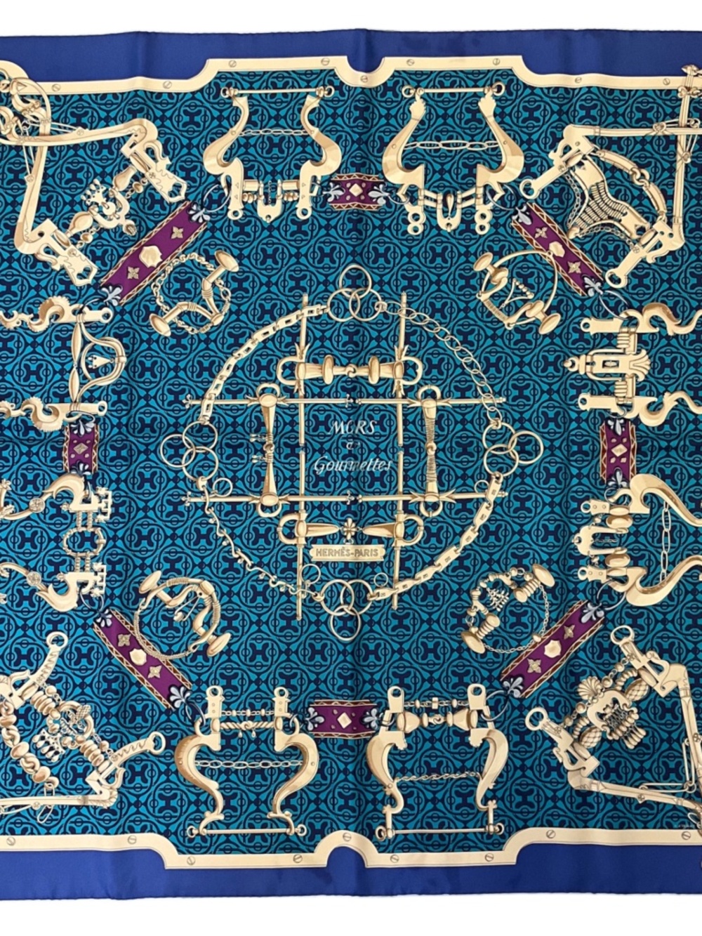 HERMES BLUE MULTI MORS ET GOURMETTES PRINT SQUARE SILK TWILL SCARF - Picture 1 of 9